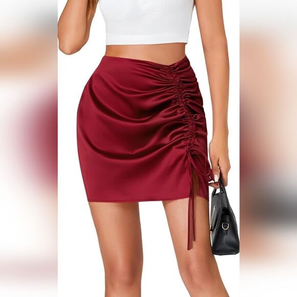 NWT Satin Ruched Split Side Hem High Waist Mini Skirt - Picture 4 of 5